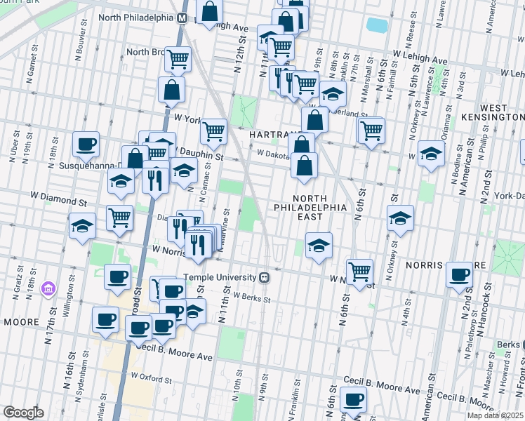 map of restaurants, bars, coffee shops, grocery stores, and more near 1040 West Susquehanna Avenue in Philadelphia