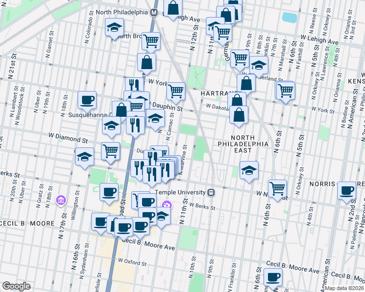 map of restaurants, bars, coffee shops, grocery stores, and more near 2145 North Marvine Street in Philadelphia