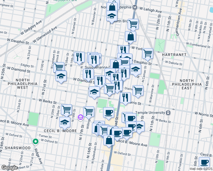 map of restaurants, bars, coffee shops, grocery stores, and more near 1528 Edgley Street in Philadelphia