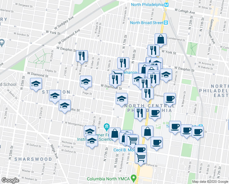 map of restaurants, bars, coffee shops, grocery stores, and more near 1717 Fr. P. Washington Avenue in Philadelphia