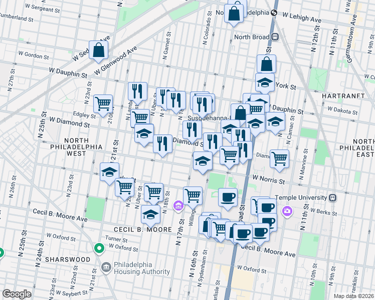 map of restaurants, bars, coffee shops, grocery stores, and more near 1717 Fr. P. Washington Avenue in Philadelphia