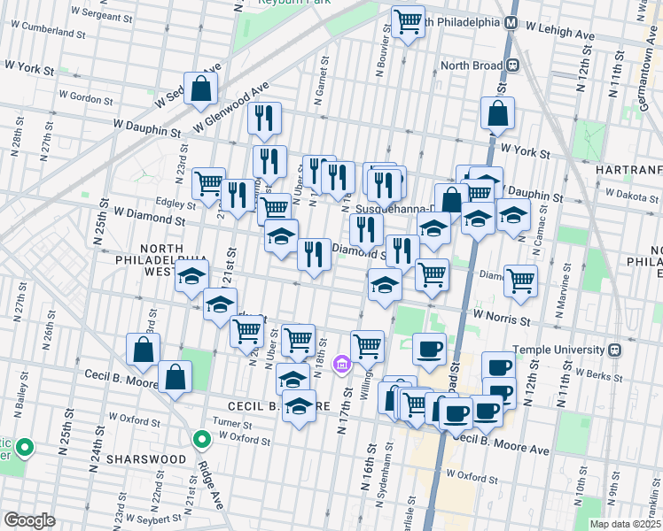 map of restaurants, bars, coffee shops, grocery stores, and more near in Philadelphia