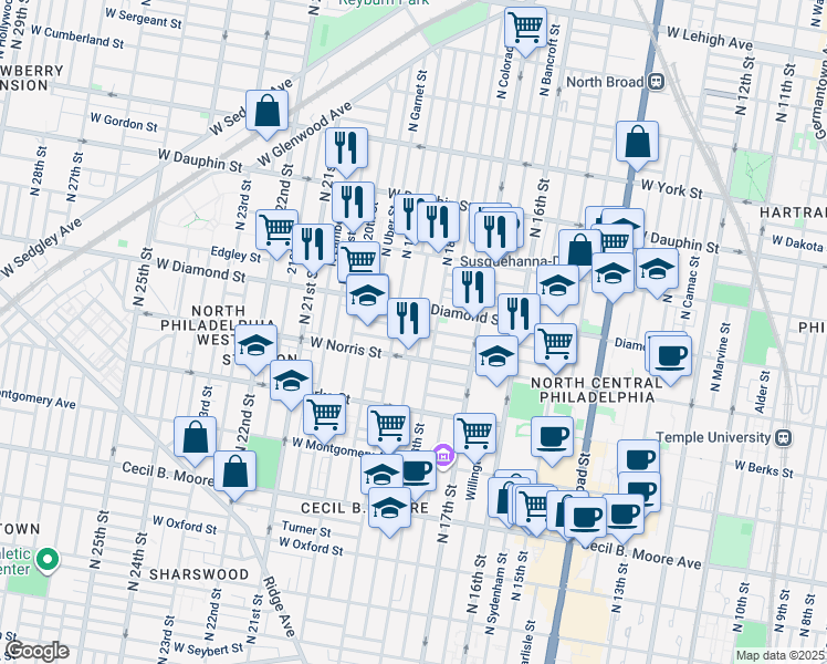 map of restaurants, bars, coffee shops, grocery stores, and more near 2033 North Gratz Street in Philadelphia