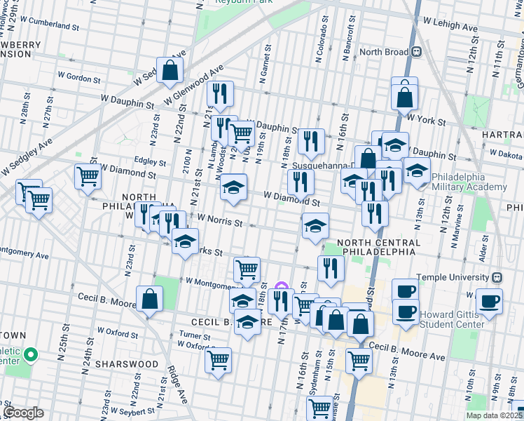 map of restaurants, bars, coffee shops, grocery stores, and more near in Philadelphia