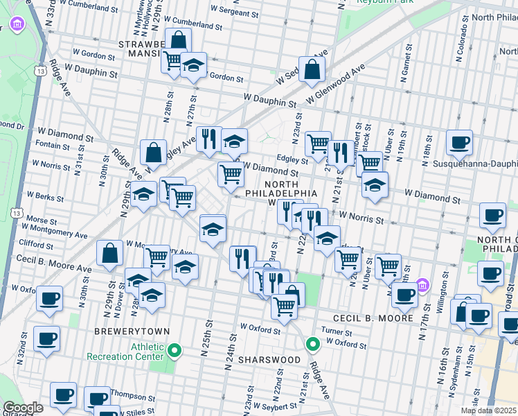 map of restaurants, bars, coffee shops, grocery stores, and more near in Philadelphia