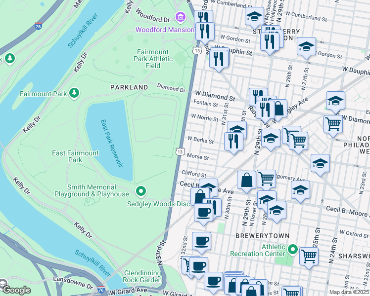 map of restaurants, bars, coffee shops, grocery stores, and more near 1847 North 33rd Street in Philadelphia