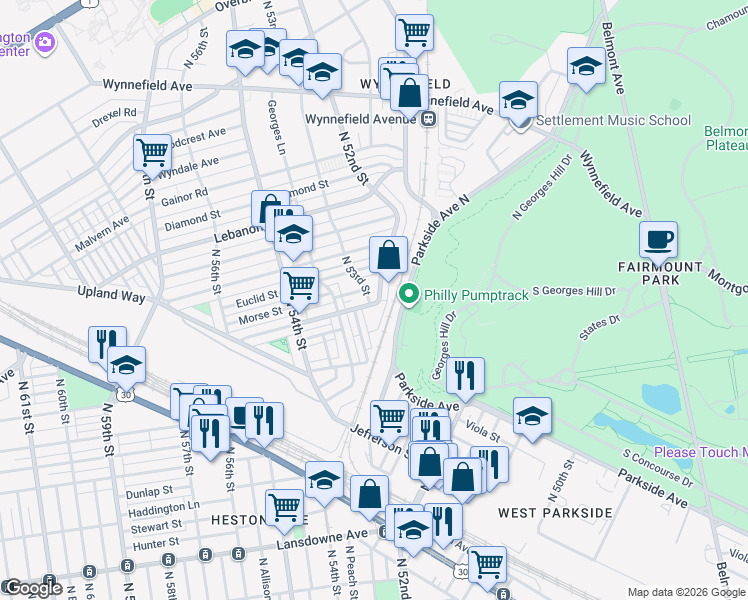 map of restaurants, bars, coffee shops, grocery stores, and more near 1814 North 52nd Street in Philadelphia