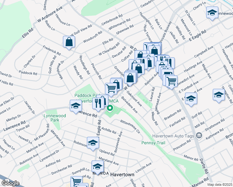 map of restaurants, bars, coffee shops, grocery stores, and more near 155 West Hillcrest Avenue in Havertown