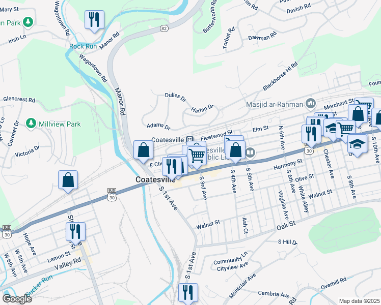 map of restaurants, bars, coffee shops, grocery stores, and more near 124A North 3rd Avenue in Coatesville