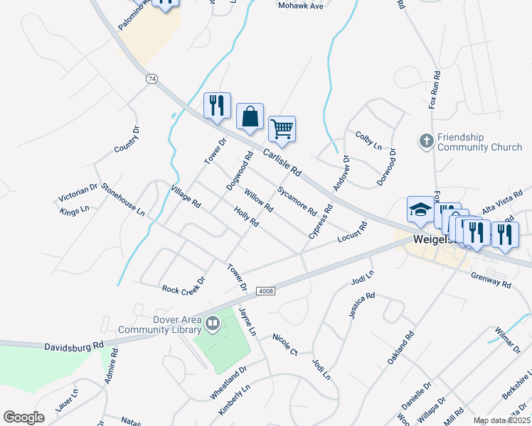 map of restaurants, bars, coffee shops, grocery stores, and more near 3480 Willow Road in Dover
