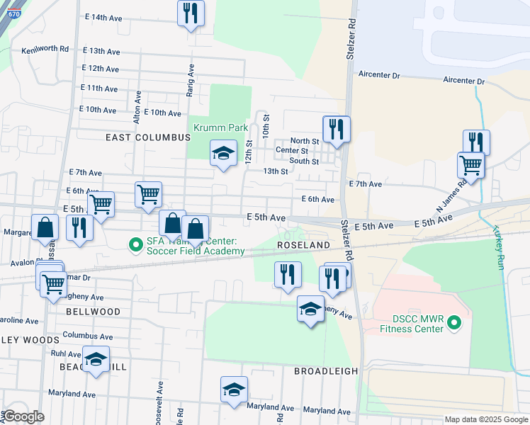 map of restaurants, bars, coffee shops, grocery stores, and more near 3193 East 6th Avenue in Columbus