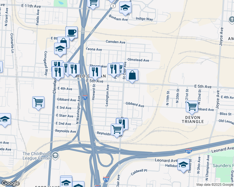 map of restaurants, bars, coffee shops, grocery stores, and more near in Columbus