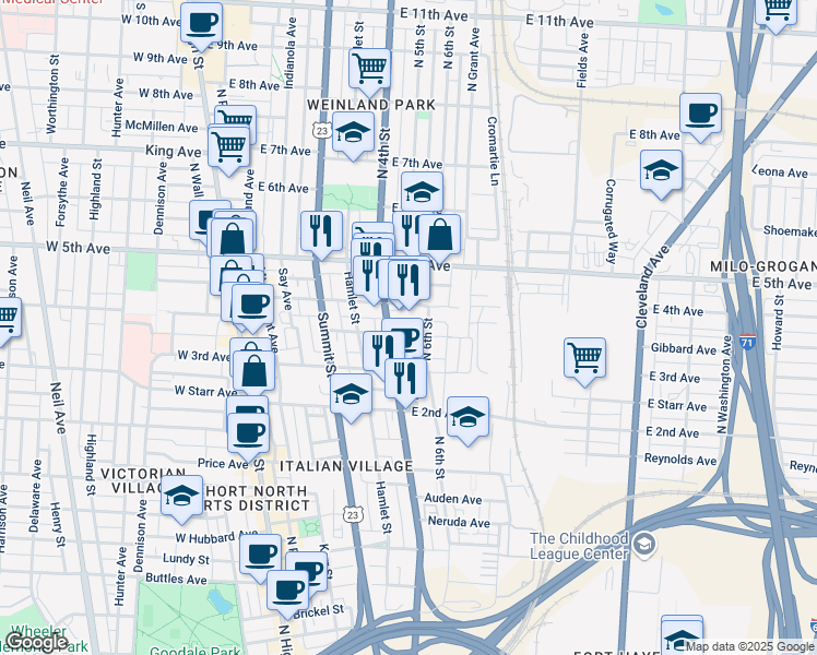 map of restaurants, bars, coffee shops, grocery stores, and more near 1086 North 4th Street in Columbus