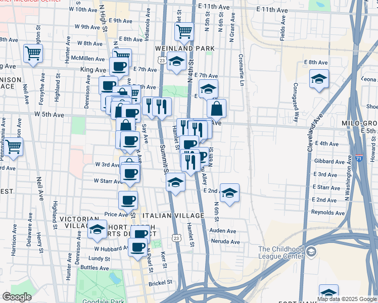 map of restaurants, bars, coffee shops, grocery stores, and more near 1101n North 4th Street in Columbus