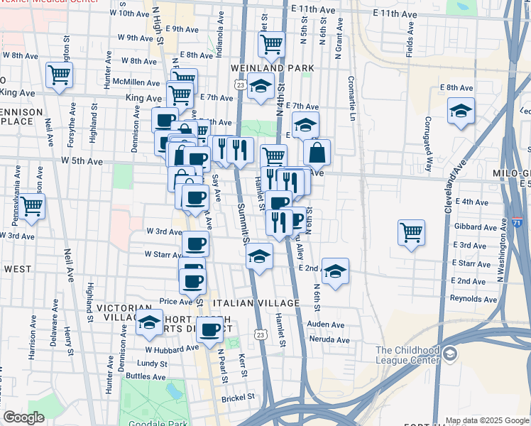 map of restaurants, bars, coffee shops, grocery stores, and more near 1108 Beacon Alley in Columbus