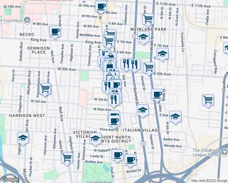map of restaurants, bars, coffee shops, grocery stores, and more near 1130 Mount Pleasant Avenue in Columbus