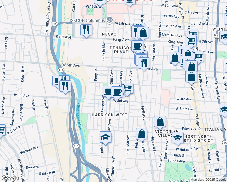 map of restaurants, bars, coffee shops, grocery stores, and more near 391 West 4th Avenue in Columbus
