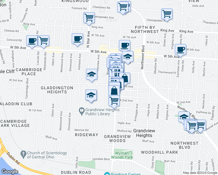 map of restaurants, bars, coffee shops, grocery stores, and more near 1376 Broadview Avenue in Columbus
