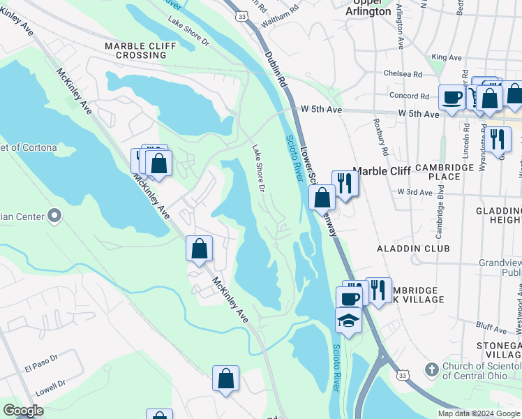 map of restaurants, bars, coffee shops, grocery stores, and more near 1481 Cliff Court in Columbus