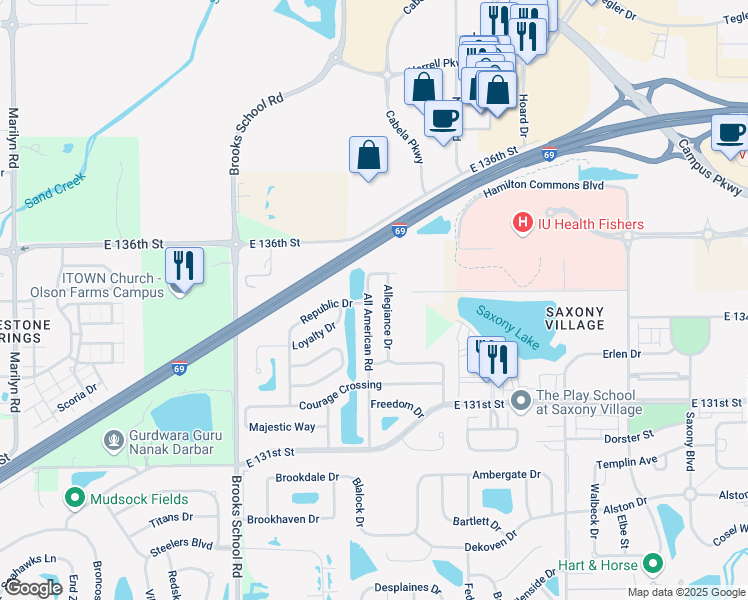 map of restaurants, bars, coffee shops, grocery stores, and more near 13495 All American Road in Fishers