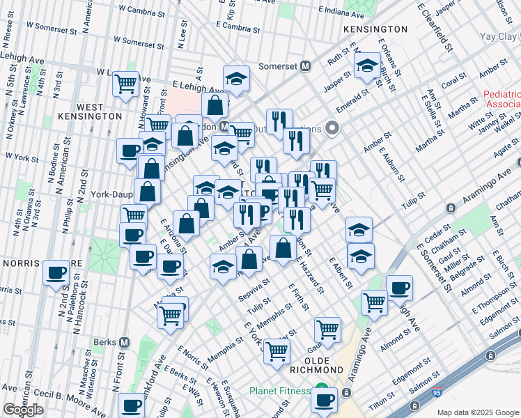 map of restaurants, bars, coffee shops, grocery stores, and more near 2551 Kern Street in Philadelphia
