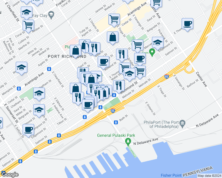 map of restaurants, bars, coffee shops, grocery stores, and more near 3289 Tilton Street in Philadelphia