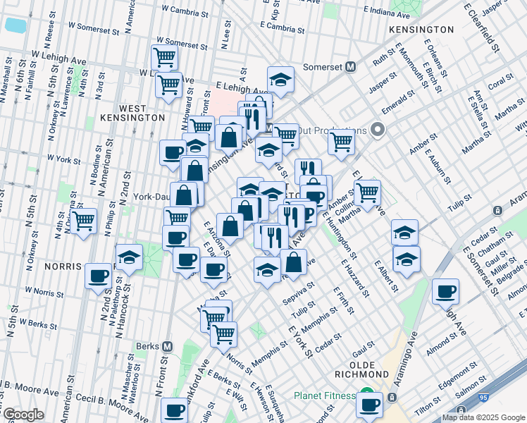 map of restaurants, bars, coffee shops, grocery stores, and more near 2030 East Cumberland Street in Philadelphia