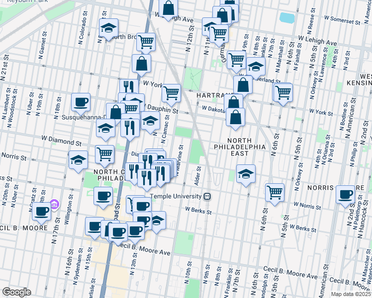 map of restaurants, bars, coffee shops, grocery stores, and more near 2127 North Marvine Street in Philadelphia