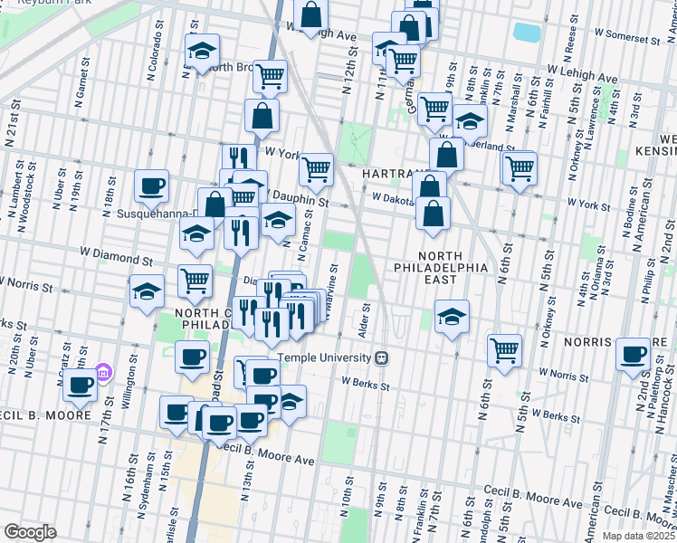 map of restaurants, bars, coffee shops, grocery stores, and more near 2125 North Marvine Street in Philadelphia