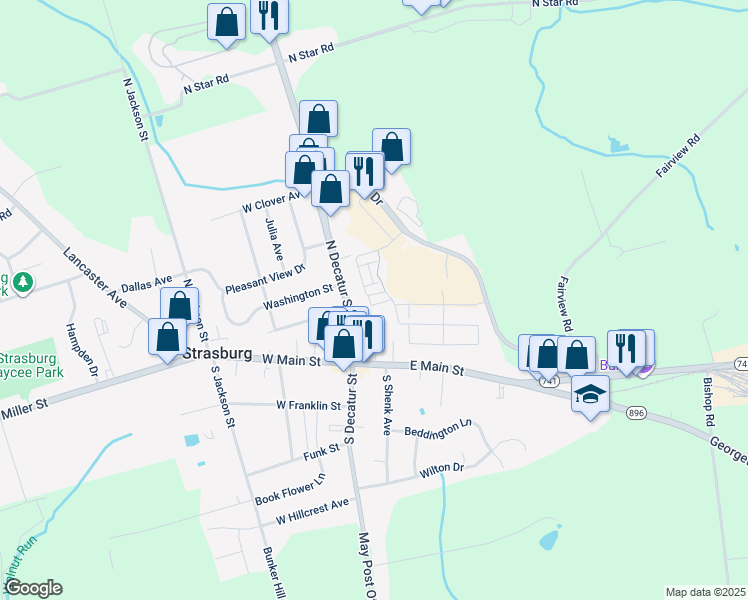 map of restaurants, bars, coffee shops, grocery stores, and more near 445 Old Post Lane in Strasburg