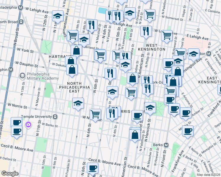 map of restaurants, bars, coffee shops, grocery stores, and more near 2255 North Orkney Street in Philadelphia