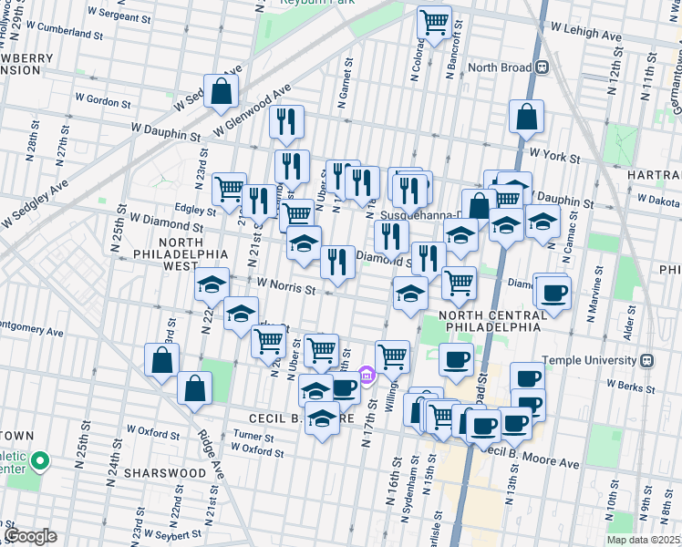 map of restaurants, bars, coffee shops, grocery stores, and more near 2033 North Gratz Street in Philadelphia