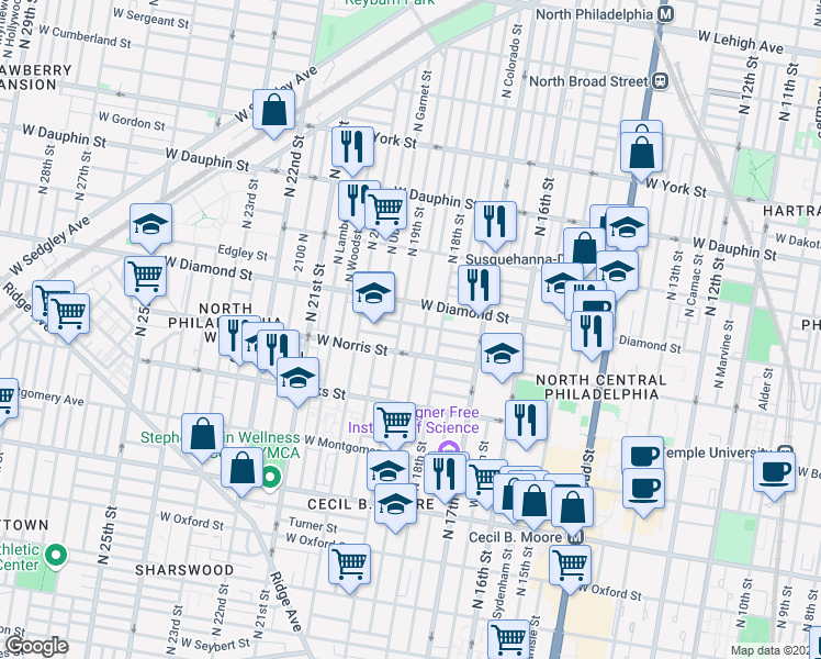 map of restaurants, bars, coffee shops, grocery stores, and more near 2030 North Gratz Street in Philadelphia