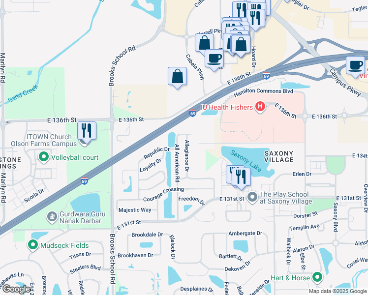 map of restaurants, bars, coffee shops, grocery stores, and more near 13444 Allegiance Drive in Fishers
