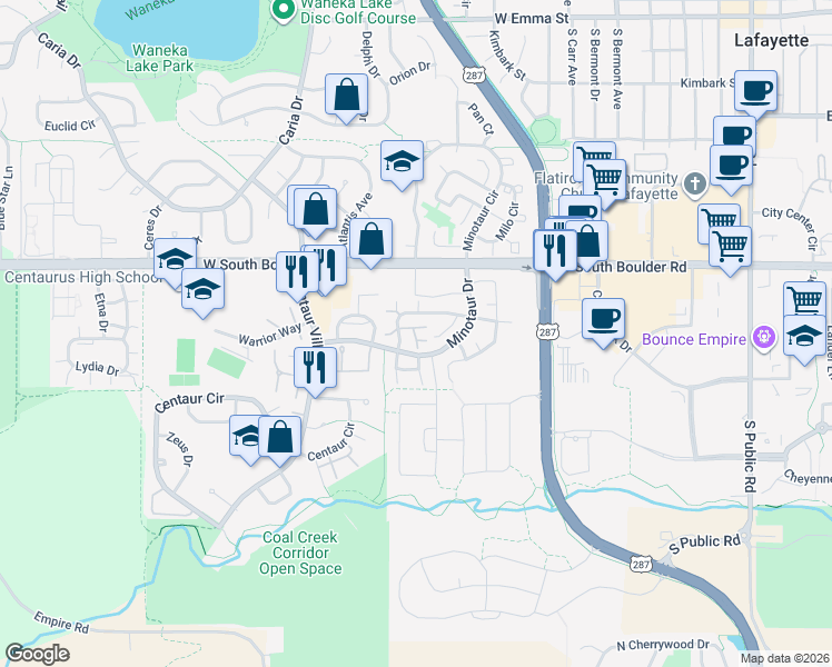map of restaurants, bars, coffee shops, grocery stores, and more near 1060 Delta Drive in Lafayette