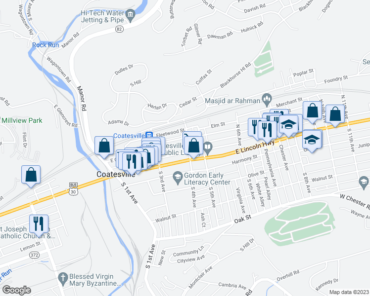 map of restaurants, bars, coffee shops, grocery stores, and more near 380 East Chestnut Street in Coatesville