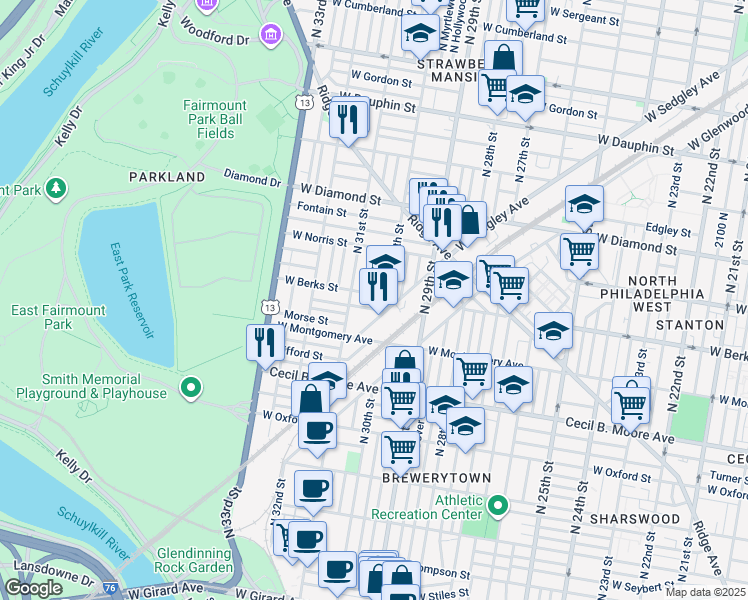 map of restaurants, bars, coffee shops, grocery stores, and more near 3014 West Berks Street in Philadelphia