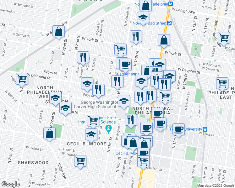 map of restaurants, bars, coffee shops, grocery stores, and more near 2032 North 17th Street in Philadelphia