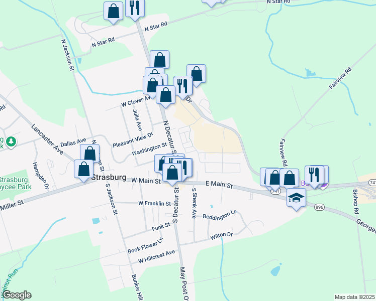 map of restaurants, bars, coffee shops, grocery stores, and more near 445 Old Post Lane in Strasburg