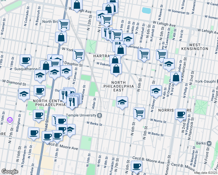 map of restaurants, bars, coffee shops, grocery stores, and more near 2155 North Percy Street in Philadelphia