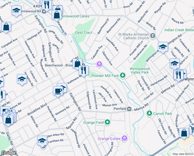 map of restaurants, bars, coffee shops, grocery stores, and more near 628 Lawson Avenue in Havertown
