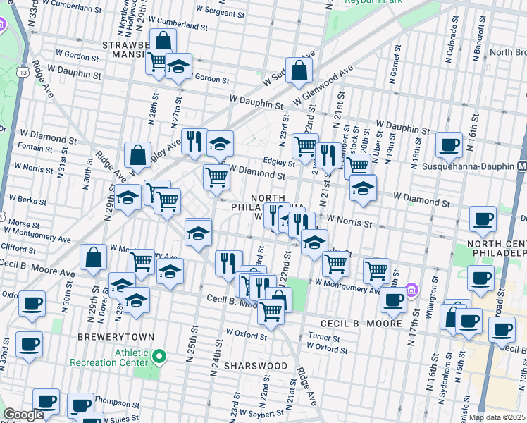 map of restaurants, bars, coffee shops, grocery stores, and more near 1944 North 23rd Street in Philadelphia