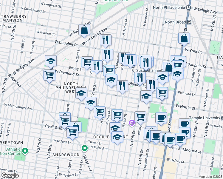 map of restaurants, bars, coffee shops, grocery stores, and more near 1910 West Diamond street in Philadelphia