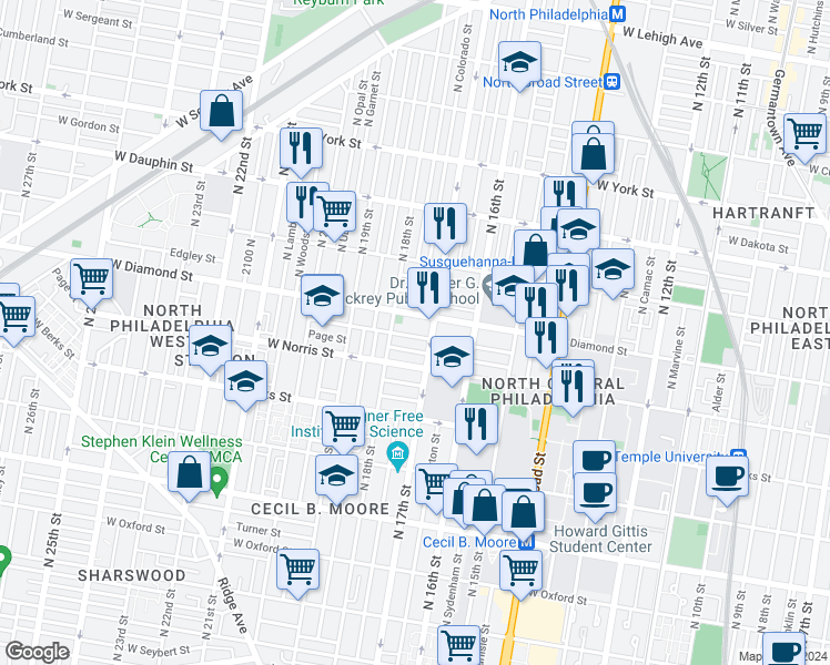 map of restaurants, bars, coffee shops, grocery stores, and more near 1721 Fontain Street in Philadelphia