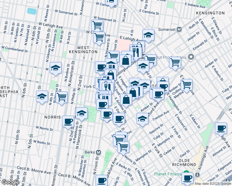 map of restaurants, bars, coffee shops, grocery stores, and more near 1914 East York Street in Philadelphia