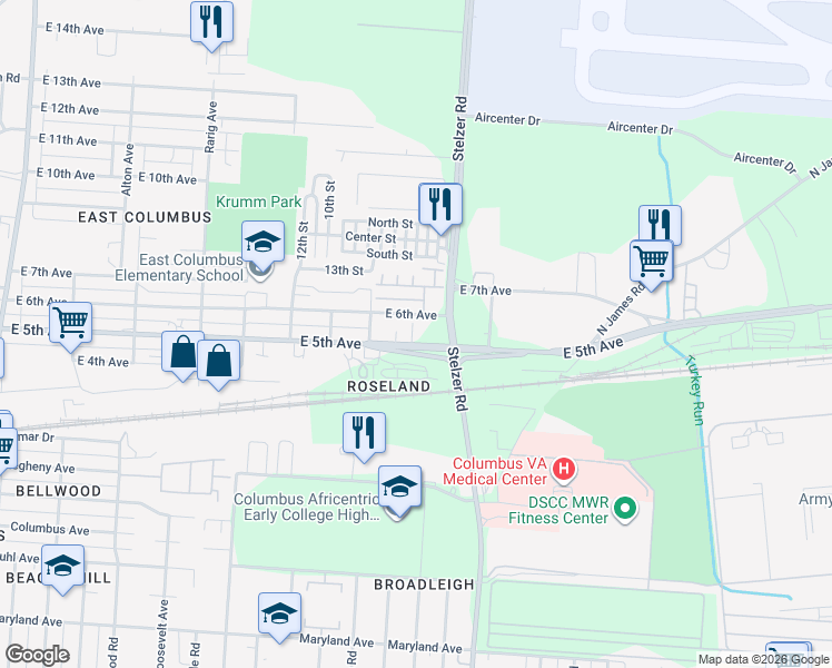 map of restaurants, bars, coffee shops, grocery stores, and more near 3294 East 5th Avenue in Columbus