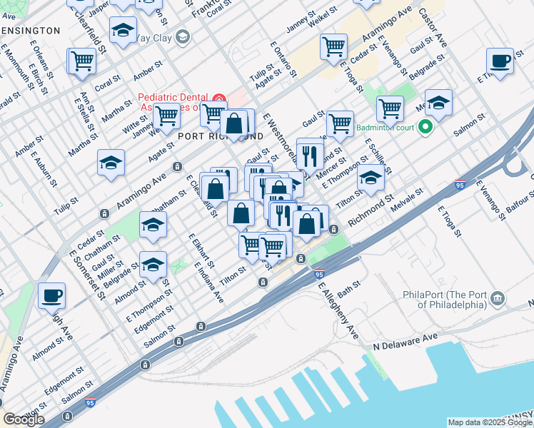 map of restaurants, bars, coffee shops, grocery stores, and more near 2620 East Allegheny Avenue in Philadelphia