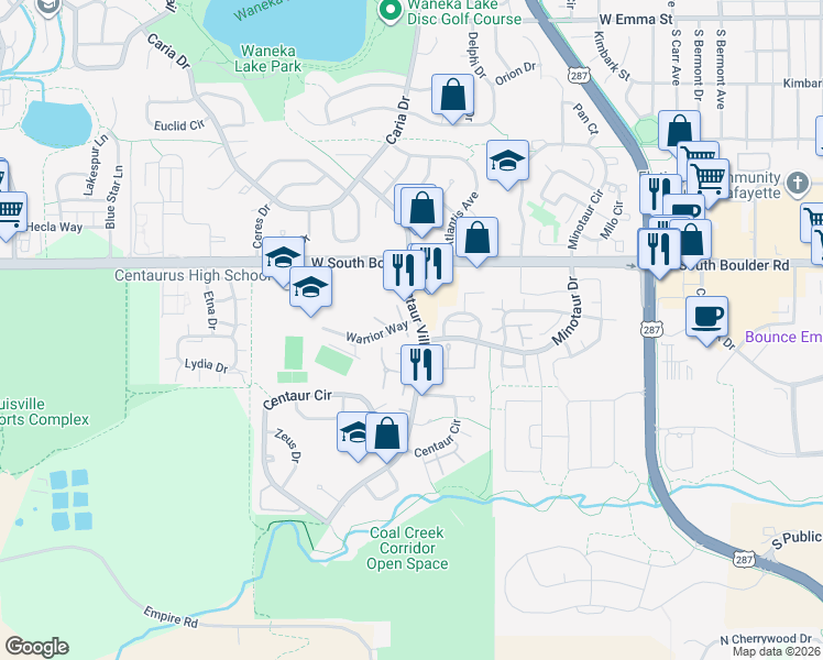 map of restaurants, bars, coffee shops, grocery stores, and more near 1200 Warrior Way in Lafayette