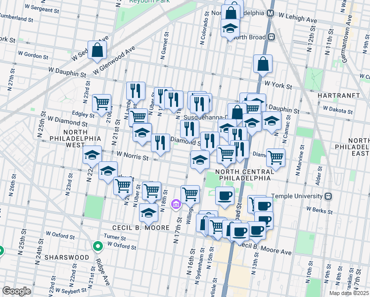 map of restaurants, bars, coffee shops, grocery stores, and more near 1717 Fontain Street in Philadelphia