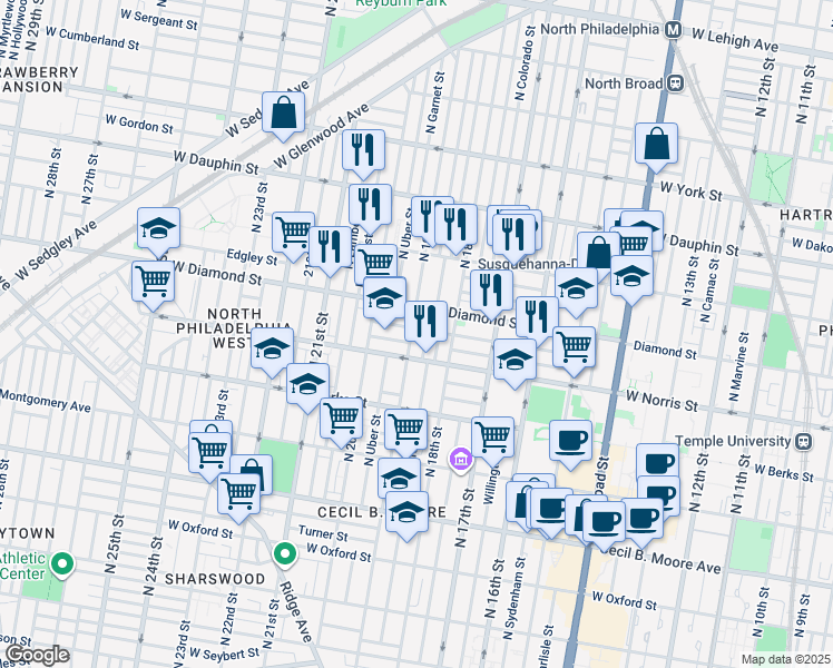 map of restaurants, bars, coffee shops, grocery stores, and more near 1910 West Diamond street in Philadelphia